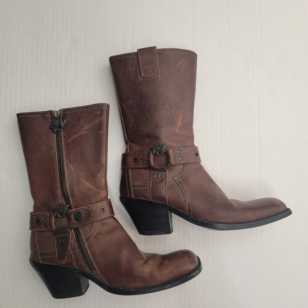 Mark Nason Leather Siren Boots  Sz 7 Harness Distressed Squared Toe Brown